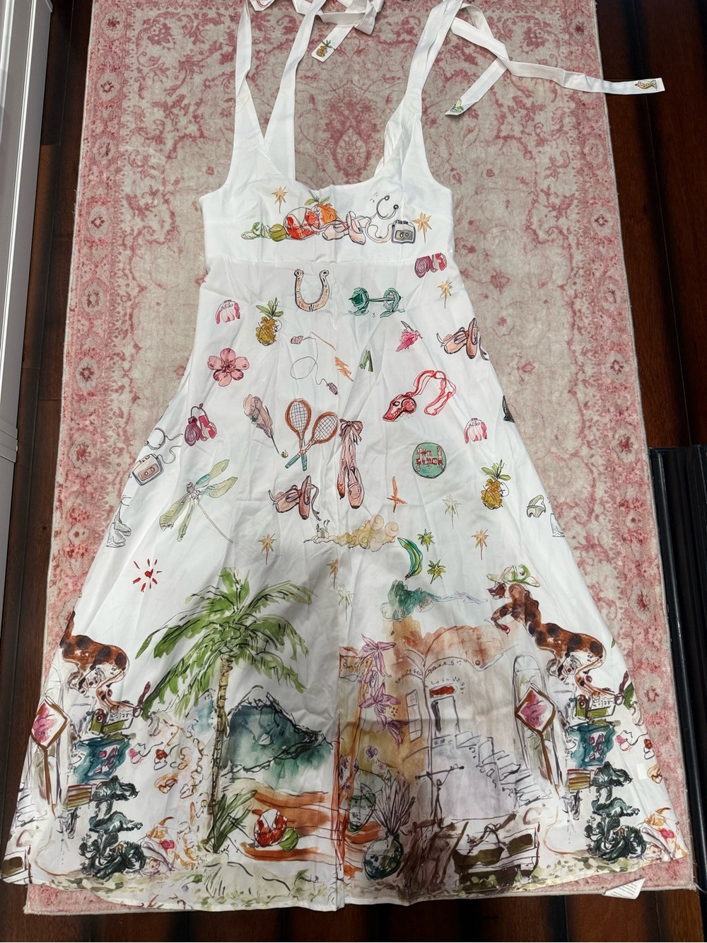 Women’s Boho Whimsical White Illustrated Sundress with Tropical Print